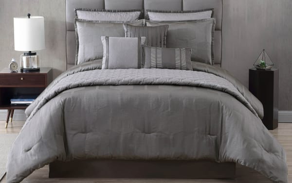 Gily Queen Gray Geometric 10 Piece Comforter Set in polyester fabric with a modern transitional style, featuring textured geometric patterns and layered pillows.