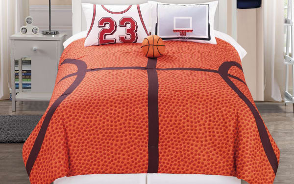 Ball Twin Orange Novelty Reversible 3 Piece Comforter Set in polyester fabric with basketball and court design, includes matching pillow shams and basketball-shaped pillow.