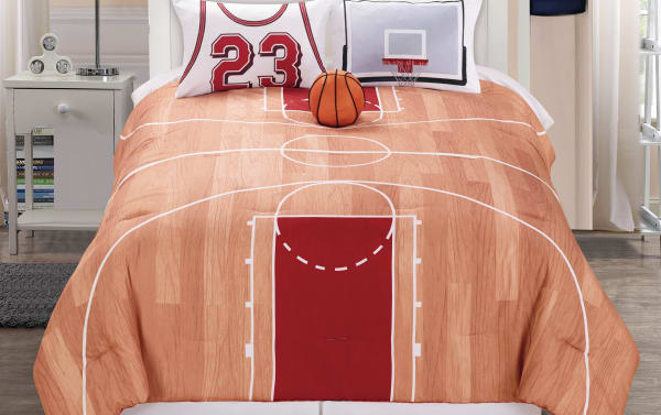 Ball Twin Orange Novelty Reversible 3 Piece Comforter Set with polyester fabric, featuring a basketball court design in orange and red, matching basketball-themed pillow sham and ball-shaped pillow, perfect for transitional style kids’ bedrooms.