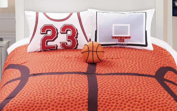 Ball Twin Orange Novelty Reversible 3 Piece Comforter Set with polyester fabric, featuring a basketball court and ball design, plus coordinating pillow shams.