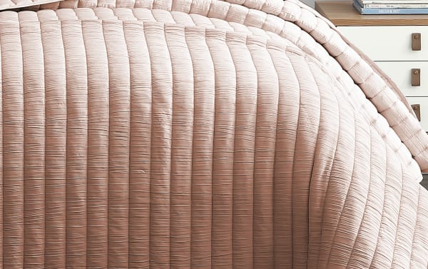 Moon Queen Blush Striped 3 Piece Comforter Set in blush pink polyester fabric with crinkle texture and elongated stitched lines, transitional style.