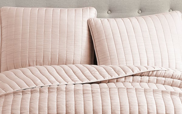 Moon Queen Blush Striped 3 Piece Comforter Set in blush pink polyester fabric with crinkle texture and elongated stitched lines, transitional style.