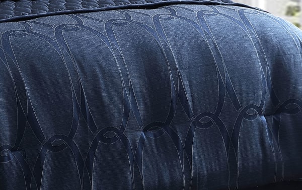 Desy King Blue Geometric 10 Piece Comforter Set in polyester fabric features a rich blue color with a sophisticated geometric pattern, ideal for transitional bedroom decor.