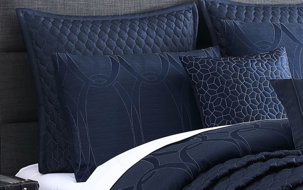 Desy King Blue Geometric 10 Piece Comforter Set with polyester fabric, featuring rich blue tones and intricate geometric stitching in a transitional style.