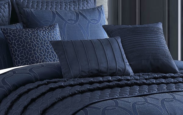 Desy King Blue Geometric 10 Piece Comforter Set in rich blue polyester fabric with a sophisticated geometric pattern and transitional style.