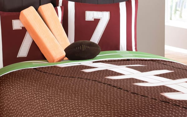 Goal Full Brown Novelty Reversible 6 Piece Comforter Set in brown polyester fabric with football and field design, transitional style, decorative pillows.