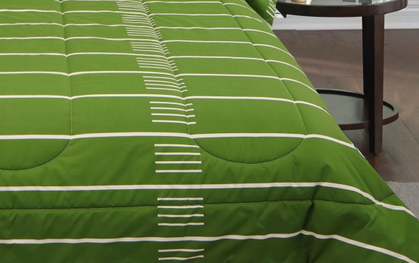 Green and white striped reversible comforter from the Goal Full Brown Novelty 6 Piece Set, made of polyester fabric with a transitional style.