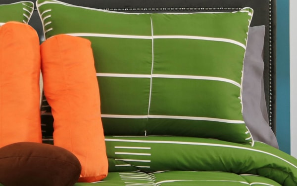 Goal Full Brown Novelty Reversible 6 Piece Comforter Set with football and field design, polyester fabric, transitional style, includes orange and brown decorative pillows.