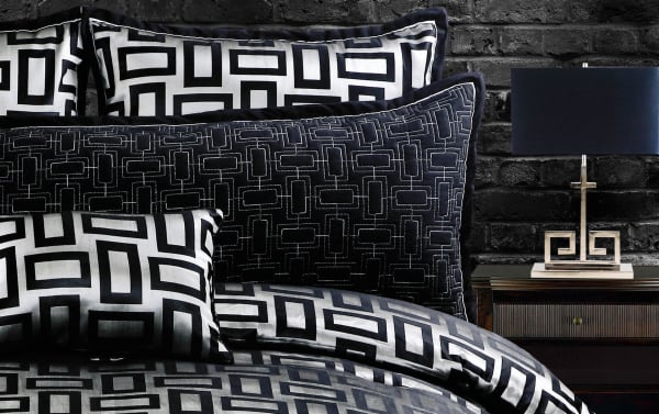 Kali Queen Black Geometric 5 Piece Comforter Set with black and silver geometric patterns, transitional style, polyester fabric for a modern, dramatic bedroom makeover.