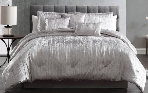 Zoey Queen Silver Solid 7 Piece Comforter Set with crinkled velvet polyester fabric, including comforter, shams, bedskirt, and accent pillows in a transitional style.