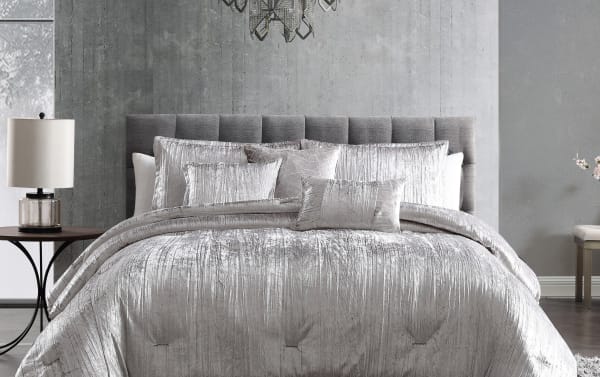 Zoey Twin Silver Solid 6 Piece Comforter Set with crinkled velvet polyester fabric, glam style, includes comforter, shams, bedskirt, and accent pillows.