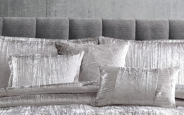Zoey Twin Silver Solid 6 Piece Comforter Set with crinkled velvet polyester fabric, glam style, includes comforter, shams, bedskirt, and accent pillows.