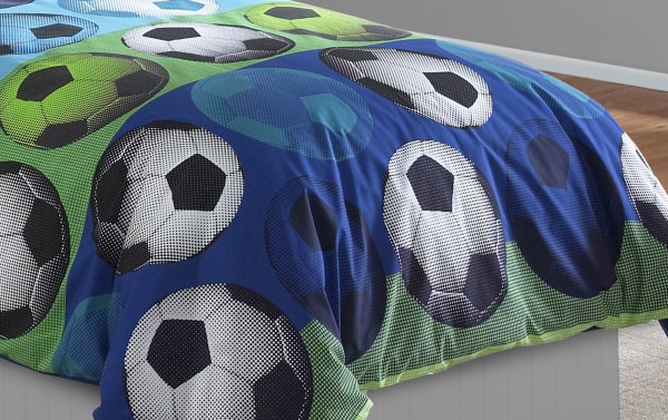 Soccer Twin Blue Novelty Reversible 3 Piece Comforter Set with blue fabric polyester material, featuring bold soccer ball patterns in a transitional style.
