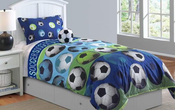 Soccer Full Blue Novelty Reversible 4 Piece Comforter Set with blue polyester fabric, soccer ball pattern, and matching soccer ball-shaped pillow for a sports-themed room.
