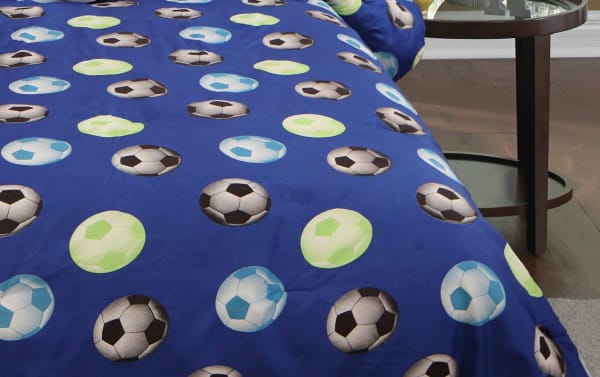 Blue Soccer Full Novelty Reversible 4 Piece Comforter Set with polyester fabric, featuring a vibrant blue background and multicolor soccer ball pattern in a transitional style.