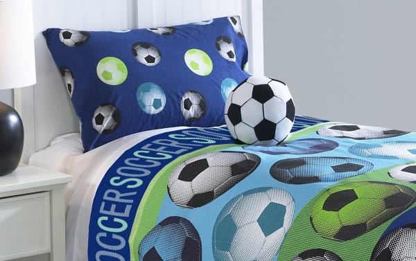 Soccer Full Blue Novelty Reversible 4 Piece Comforter Set in blue polyester fabric with soccer ball patterns, includes matching pillow shaped like a soccer ball.