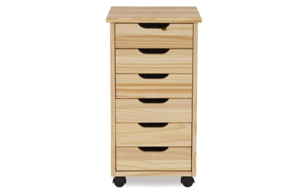 Edison Natural 6 Drawer Solid Wood Rolling Cart in transitional style, made of solid pine and MDF, with natural wood finish, soft contoured handles, and caster wheels for mobility.