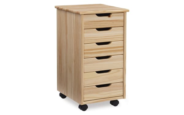 Edison Natural 6 Drawer Solid Wood Rolling Cart in transitional style, made of solid pine and MDF, with natural wood finish, contoured handle cut-outs, and caster wheels for easy mobility.