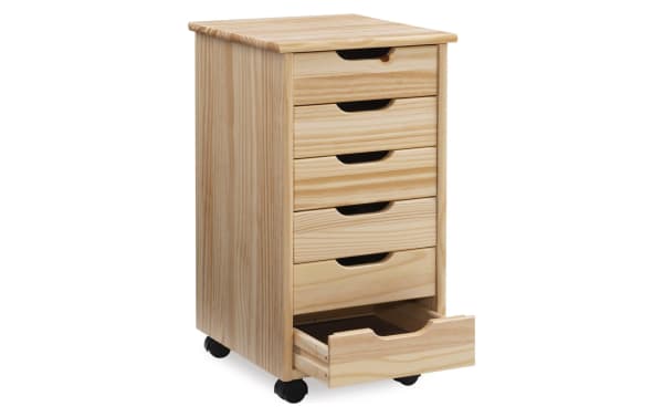 Edison Natural 6 Drawer Solid Wood Rolling Cart in transitional style, made of solid pine and MDF, with natural wood finish, soft contoured handle cut-outs, and caster wheels for mobility.