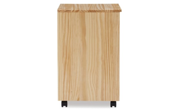 Edison Natural 6 Drawer Solid Wood Rolling Cart in transitional style, made of solid pine and MDF with natural wood finish, soft contoured handles, and casters for mobility.