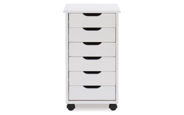 Edison White 6 Drawer Solid Wood Rolling Cart in transitional style with solid pine and MDF, featuring soft contoured handles and smooth casters for easy mobility.