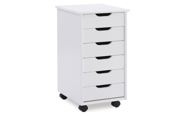 Edison White 6 Drawer Solid Wood Rolling Cart in transitional style, made of solid pine and MDF with white finish, soft contoured handles, and casters for mobility.