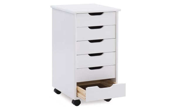 Edison White 6 Drawer Solid Wood Rolling Cart in transitional style, made of solid pine and MDF, with white finish, soft contoured handles, and caster wheels for mobility.