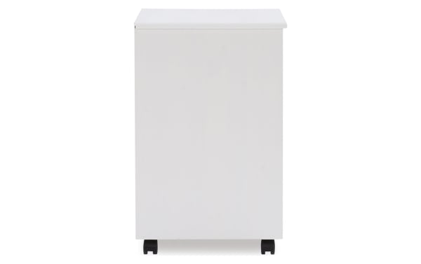 Edison White 6 Drawer Solid Wood Rolling Cart in transitional style, made of solid pine and MDF, with smooth white finish and caster wheels for mobility.