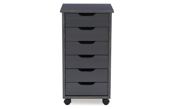 Edison Gray 6 Drawer Solid Wood Rolling Cart in transitional style, made of solid pine and MDF with gray finish, soft contoured handles, and caster wheels for mobility.