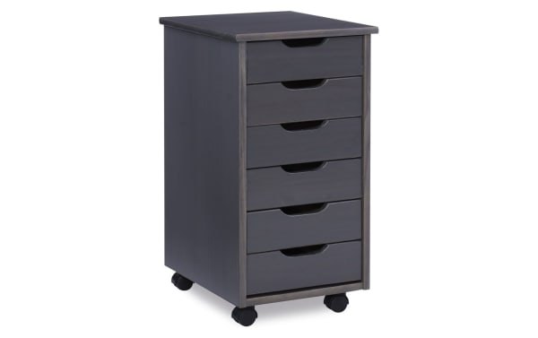 Edison Gray 6 Drawer Solid Wood Rolling Cart in transitional style with soft contoured handles, casters, and gray pine/MDF construction for versatile storage.