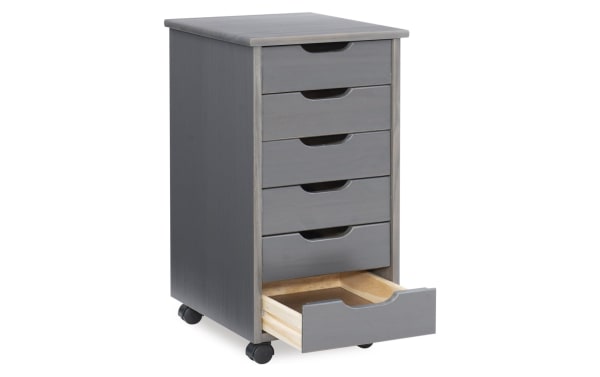 Edison Gray 6 Drawer Solid Wood Rolling Cart in transitional style with solid pine and MDF, gray finish, soft handle cut-outs, and caster wheels for mobility.