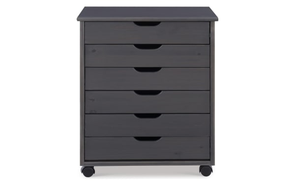 Edison Gray 6 Drawer Solid Wood Rolling Cart in transitional style, made of solid pine and MDF, featuring six wide drawers with contoured handle cut-outs and casters for mobility.