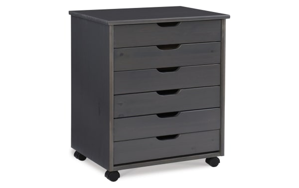 Edison Gray 6 Drawer Solid Wood Rolling Cart in transitional style, made of solid pine and MDF, with gray finish, soft contoured handle cut-outs, and caster wheels for mobility.