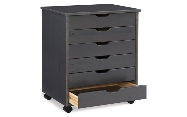 Edison Gray 6 Drawer Solid Wood Rolling Cart in transitional style, made of solid pine and MDF, with soft contoured handles and casters for mobility.