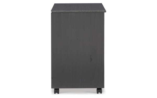 Edison Gray 6 Drawer Solid Wood Rolling Cart in transitional style, made of solid pine and MDF, with gray finish and caster wheels for mobility.