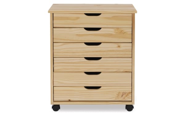 Edison Natural 6 Drawer Solid Wood Rolling Cart in transitional style, made of solid pine and MDF, with natural wood finish, soft contoured handles, and caster wheels for mobility.
