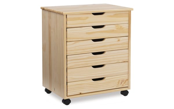 Edison Natural 6 Drawer Solid Wood Rolling Cart in transitional style, made of solid pine and MDF with natural wood finish, soft contoured handles, and caster wheels for mobility.