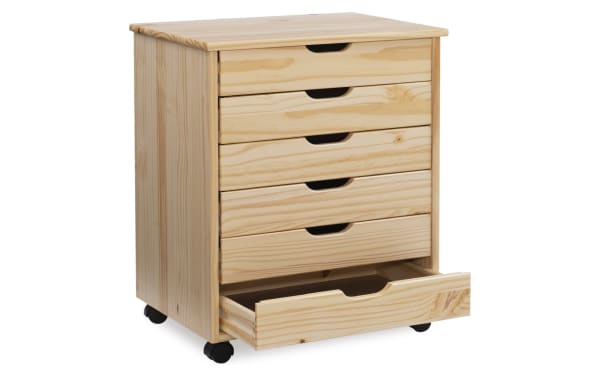 Edison Natural 6 Drawer Solid Wood Rolling Cart in transitional style with solid pine and MDF, natural wood finish, soft handle cut-outs, and caster wheels for mobility.