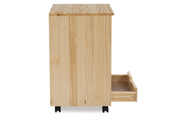 Edison Natural 6 Drawer Solid Wood Rolling Cart in transitional style, made of solid pine and MDF, shown from side with one natural wood drawer open, featuring casters for mobility.