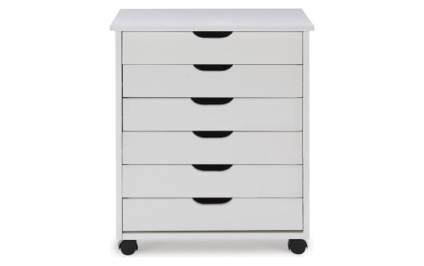 Edison White 6 Drawer Solid Wood Rolling Cart in transitional style with solid pine and MDF, featuring soft contoured handles and smooth casters for mobility.