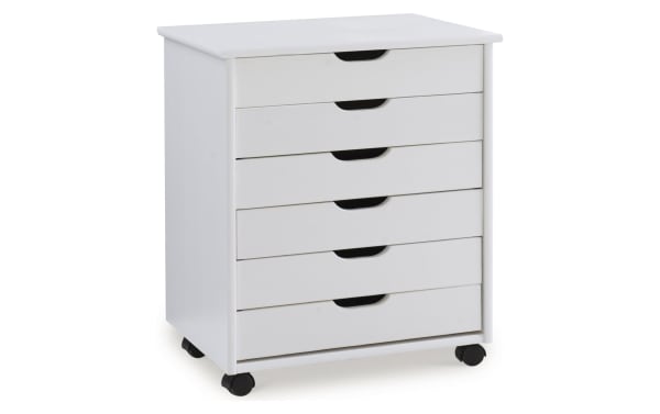 Edison White 6 Drawer Solid Wood Rolling Cart in transitional style, made of solid pine and MDF, with soft contoured handles and caster wheels for mobility.