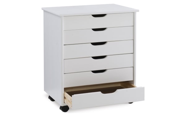 Edison White 6 Drawer Solid Wood Rolling Cart in transitional style, made of solid pine and MDF, with soft contoured handles and casters for mobility.