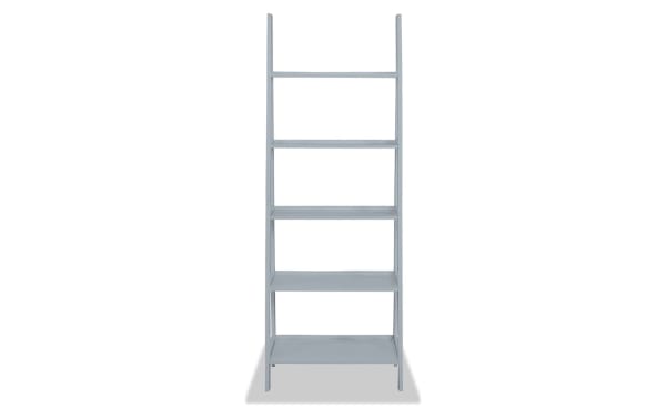 Trenton 72'' gray 5-shelf solid wood bookcase in transitional style, made of rubberwood solids and particle board, with open, tapered shelves for narrow spaces.