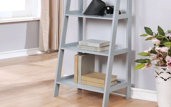 Trenton 72'' Gray 5 Shelf Solid Wood Bookcase in transitional style, made of rubberwood solids and particle board, featuring a clean open silhouette with five shelves in decreasing depth for versatile storage and display.