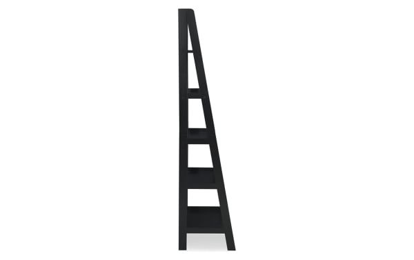 Trenton 72'' black 5-shelf solid wood bookcase in transitional style, made of rubberwood solids and particle board, with a tall, narrow open silhouette.