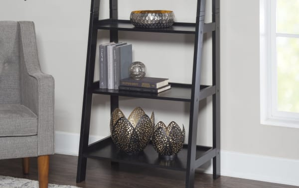 Trenton 72'' Black 5 Shelf Solid Wood Bookcase in transitional style, made of rubberwood solids and particle board, with open silhouette and tapered shelves.