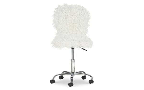 Eva White Upholstered Adjustable Swivel Office Chair with white faux fur polyester fabric, chrome steel base, and easy-roll casters for flexible workspace use.
