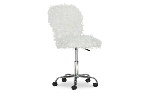 White Eva Upholstered Adjustable Swivel Office Chair with faux fur polyester fabric, chrome steel base, and easy-roll casters for versatile workspace use.