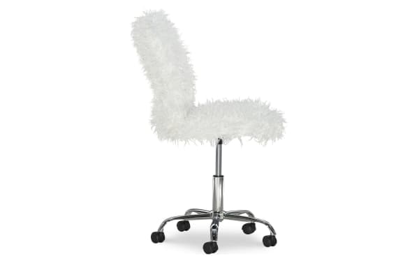 Eva White Upholstered Adjustable Swivel Office Chair with white faux fur polyester fabric, chrome steel base, and caster wheels for easy mobility.