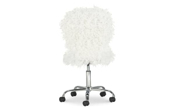 Eva White Upholstered Adjustable Swivel Office Chair with white faux fur polyester fabric, chrome steel base, and smooth-rolling casters for versatile office use.